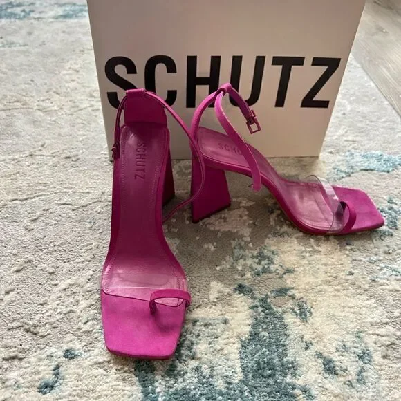 Schutz Avva Pink Suede Block Heel Sandals | Size 8.5 - Picture 2 of 5
